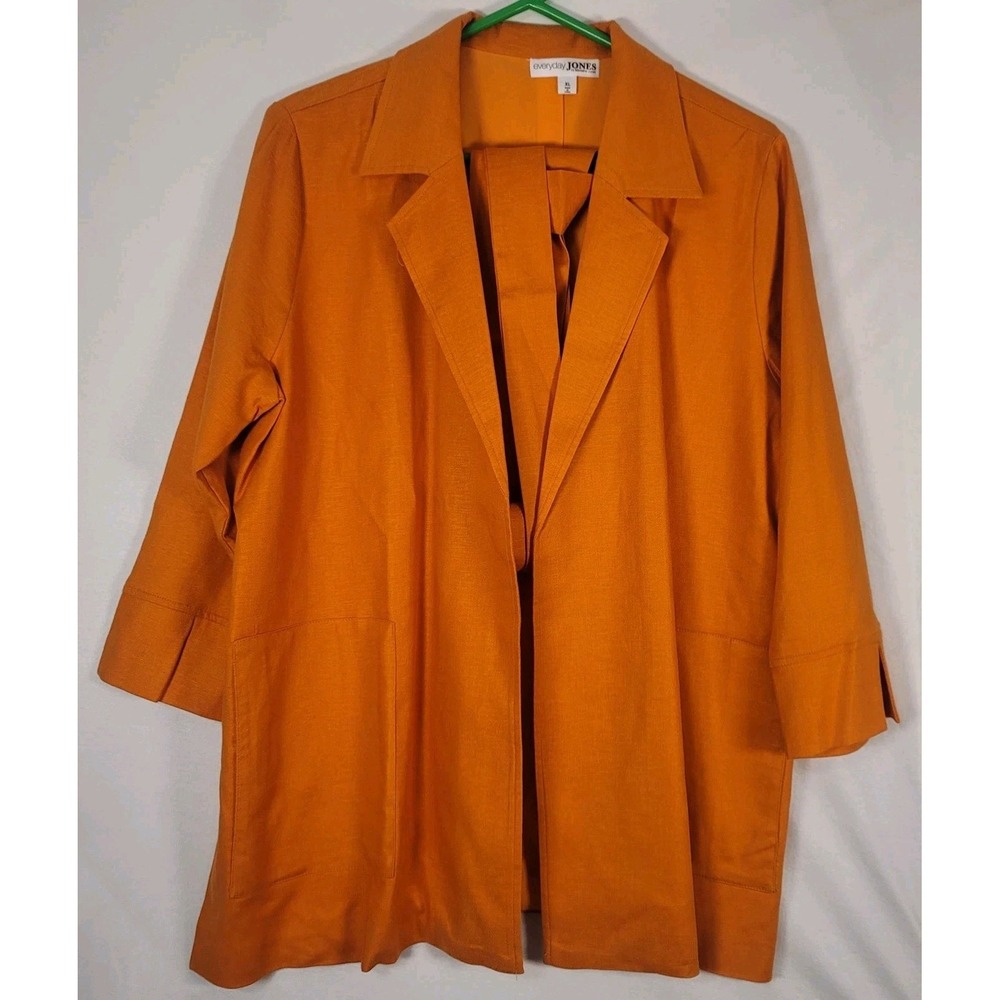 Everyday Jones Jacket Womens XL Orange Belted Open‎ Front 3/4 Sleeve Linen Blend